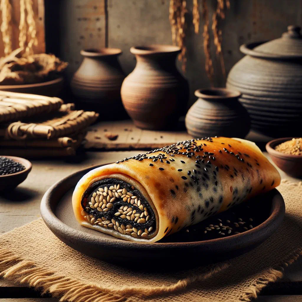 Steamed til pitha rice cakes filled with sesame and brown sugar on a plate