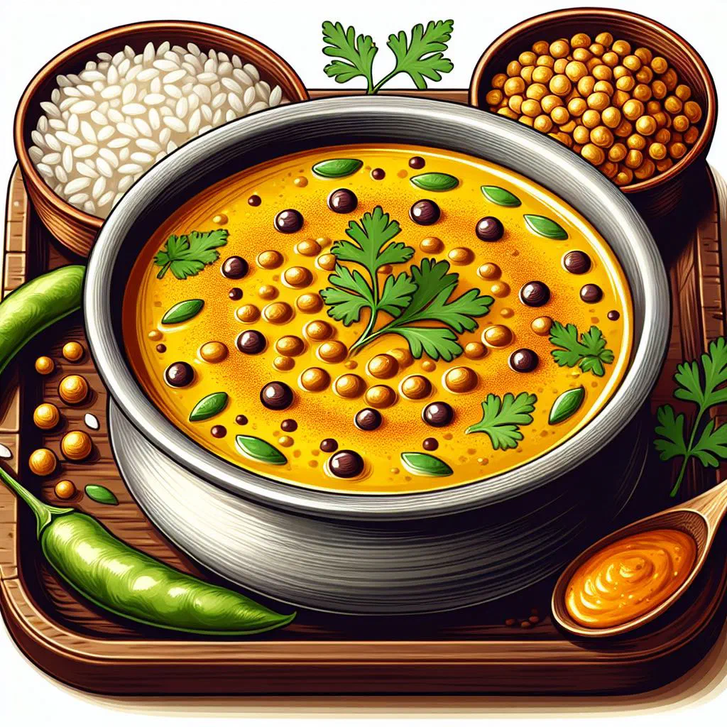 A bowl of tangy yellow lentil tok dal garnished with fresh coriander