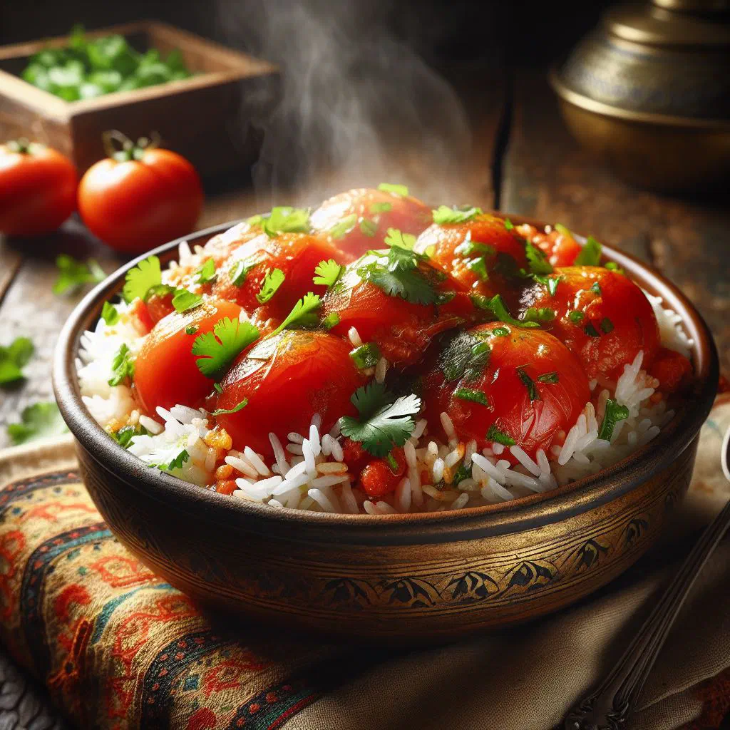 Bowl of tomato pulao garnished with fresh coriander
