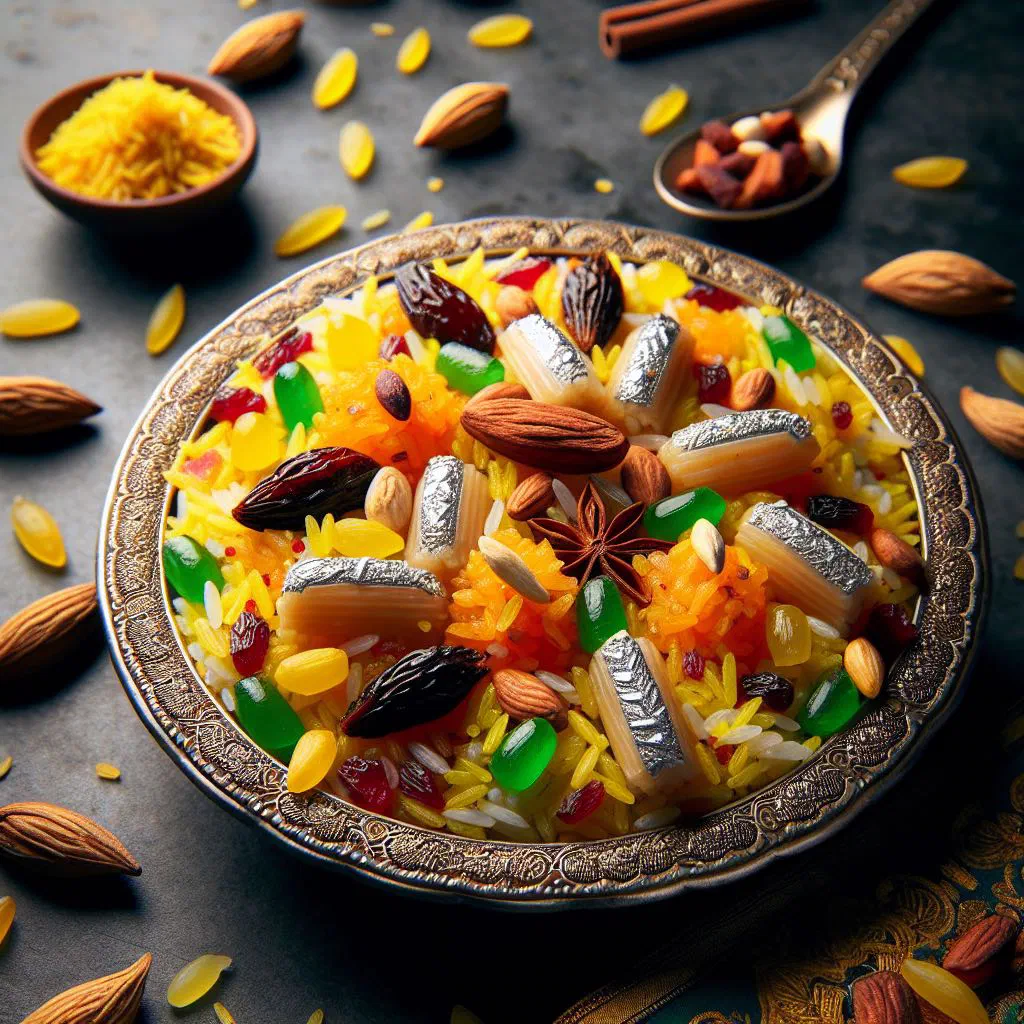 Bright yellow-orange sweet zarda rice studded with raisins and almonds