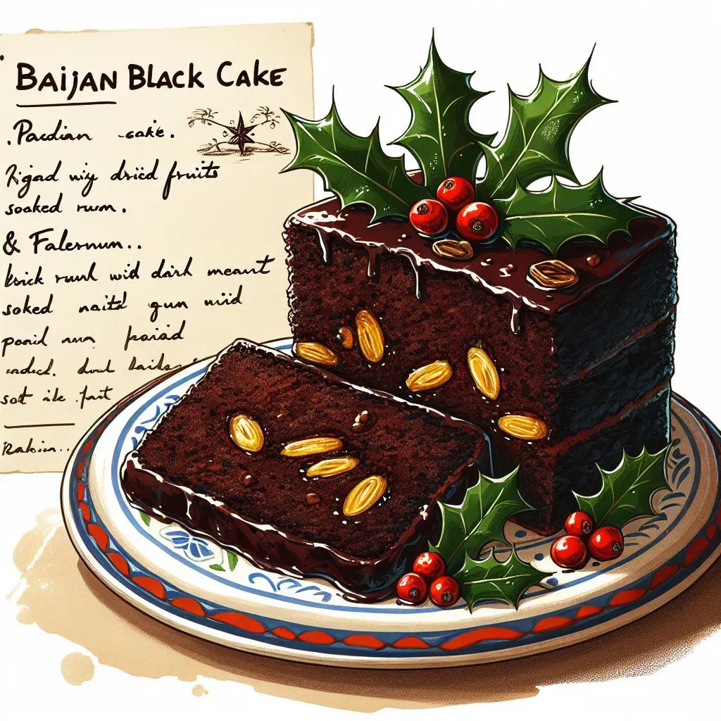 Dark, moist Bajan black cake rich with rum-soaked dried fruit