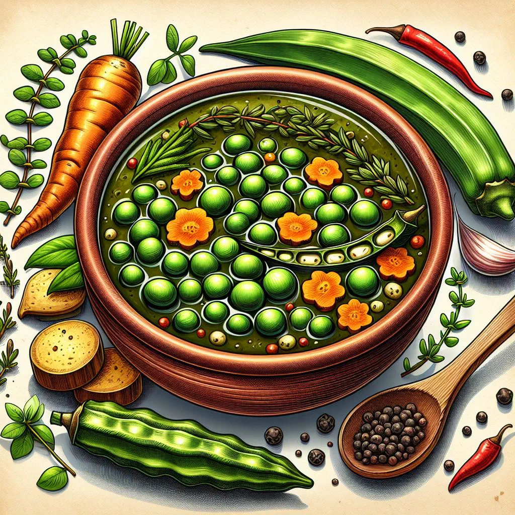 Bowl of Bajan green pigeon peas soup with vegetables and fresh herbs