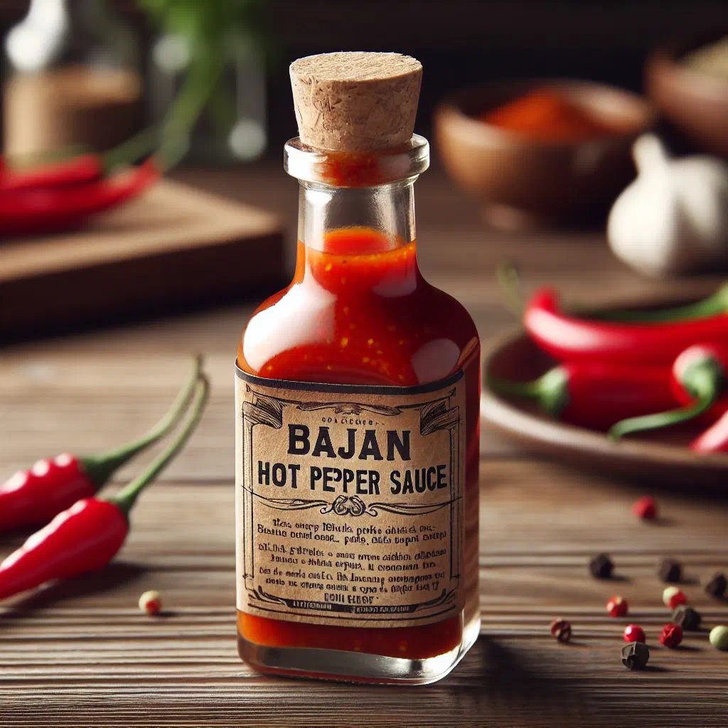 Fiery orange Bajan hot pepper sauce in a small glass jar with fresh chillies