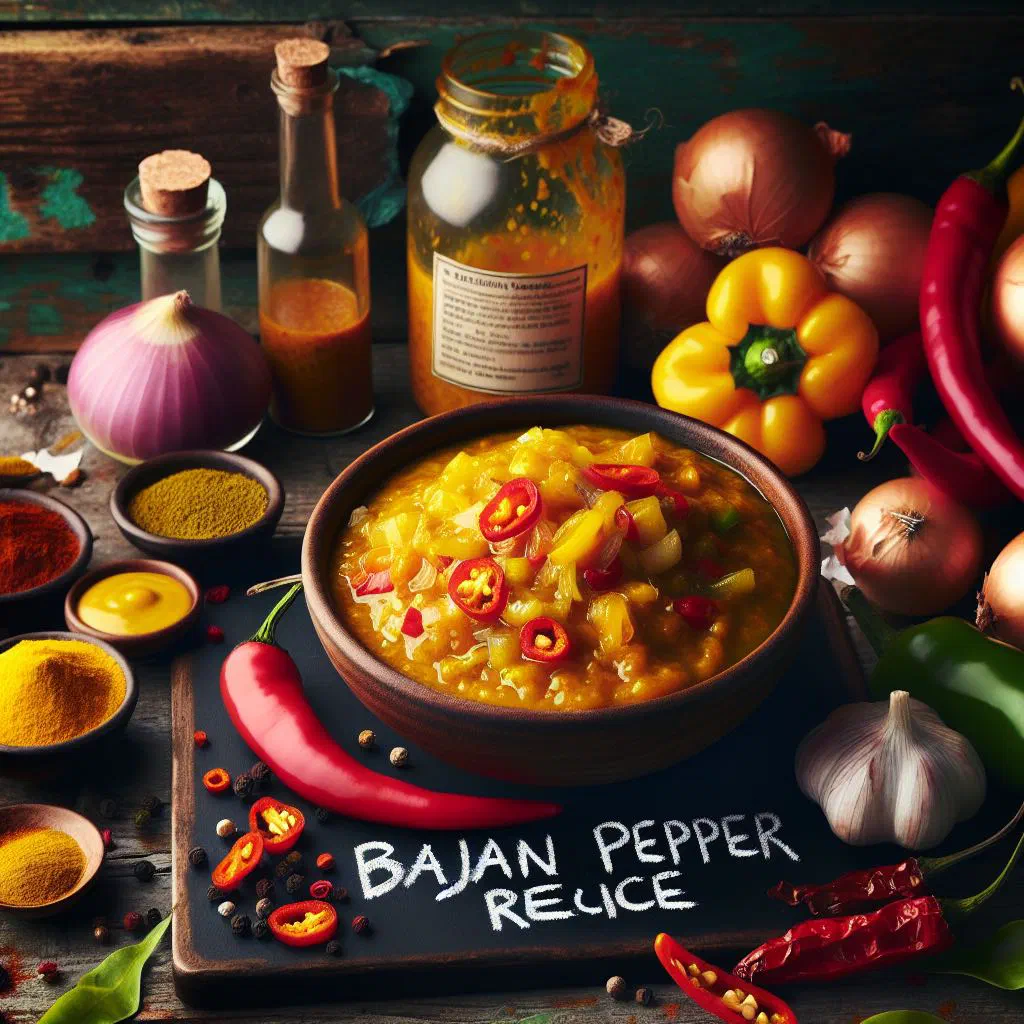 Fiery red Bajan pepper sauce in a small glass jar