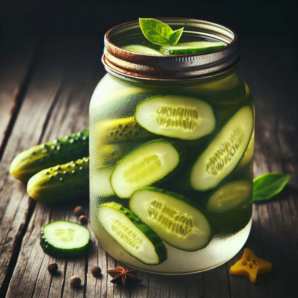 Jar of Bajan pickled cucumber slices with onion rings and spices