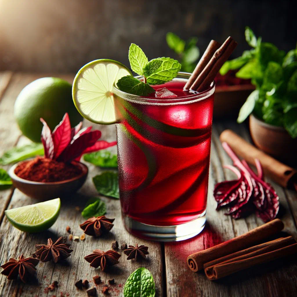 Glass of ruby-red Bajan sorrel drink served over ice with lime