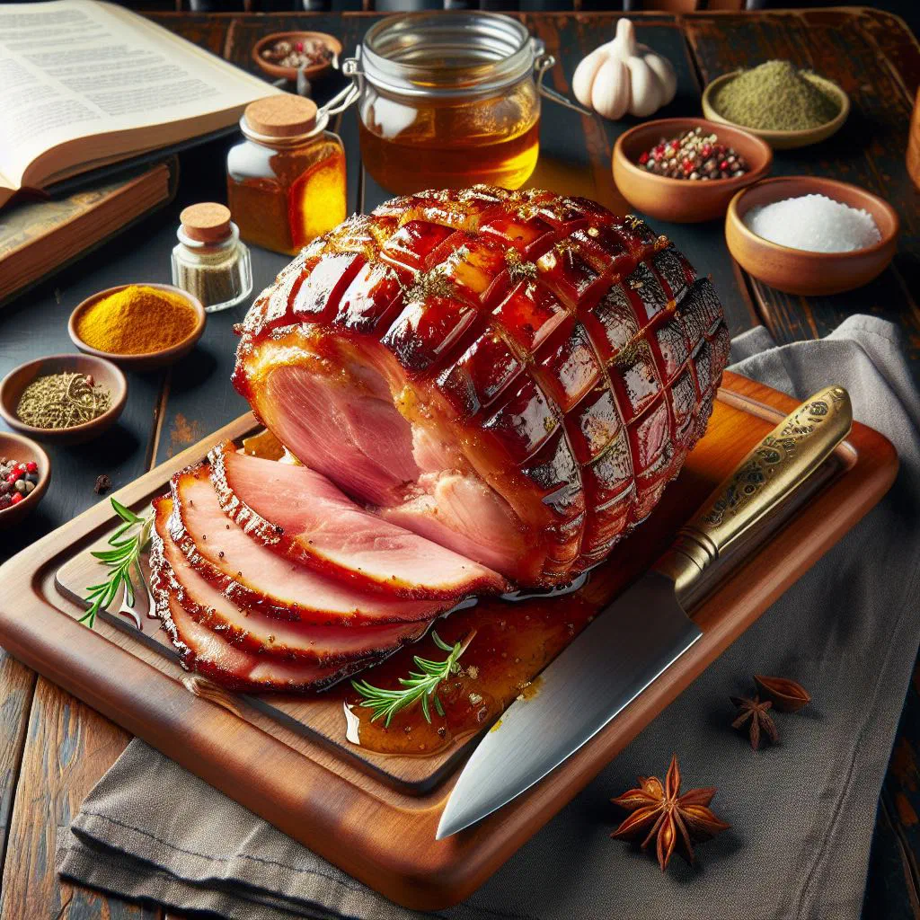 Glazed baked ham with a caramelised crust, garnished with fruit slices