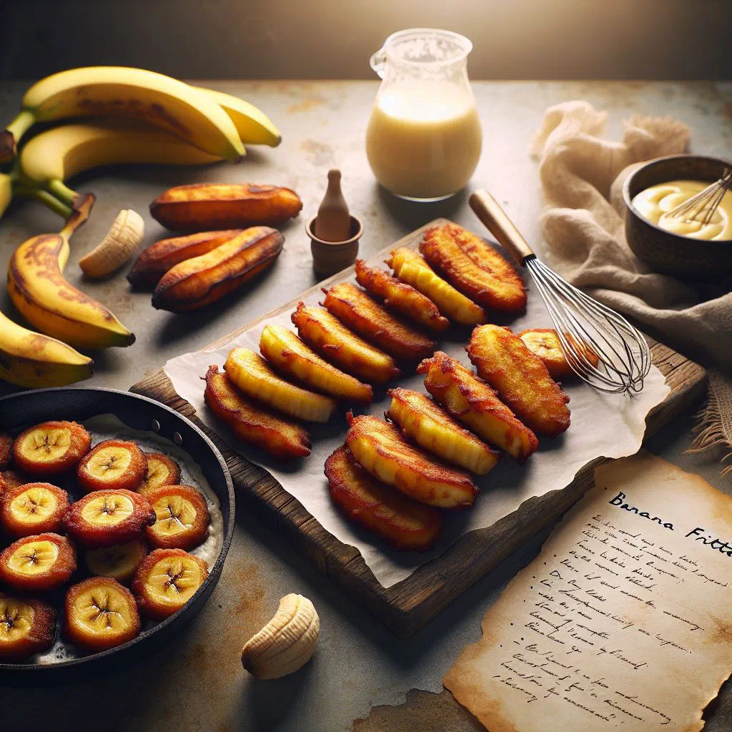 Golden-brown banana fritters dusted with icing sugar
