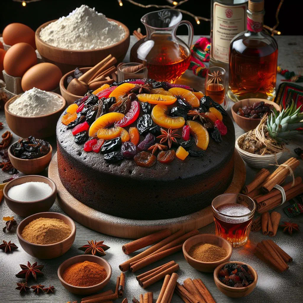 Dark, moist slice of Caribbean black cake rich with rum-soaked dried fruit