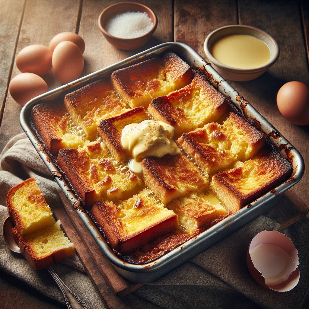 Golden baked bread and butter pudding in a dish, dusted with sugar