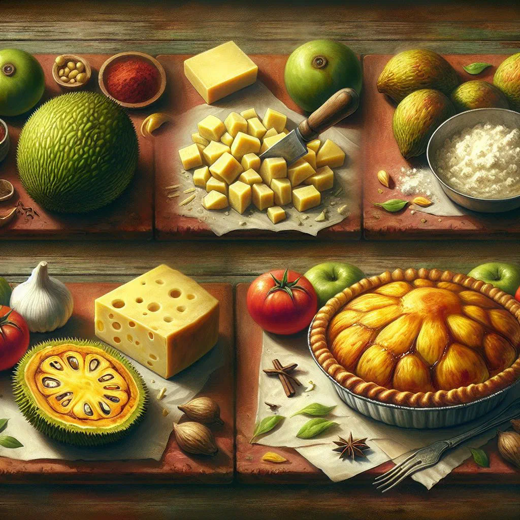 Golden baked breadfruit pie with a crisp crust in a dish