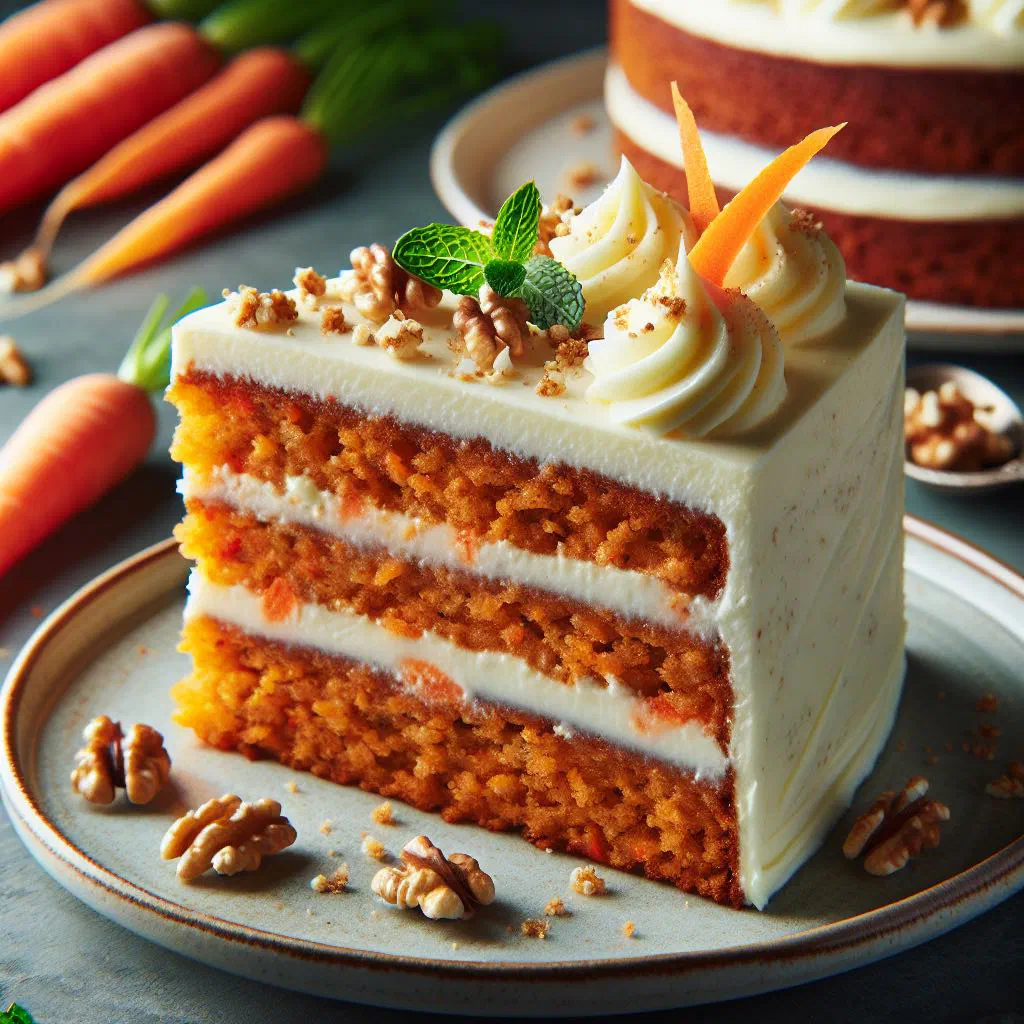 Slice of moist Bajan carrot cake with cream cheese frosting and chopped walnuts