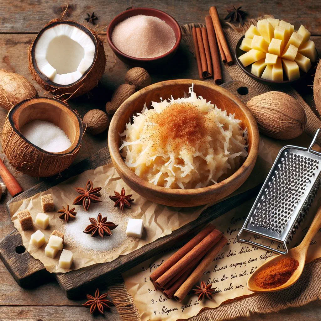 Golden-baked cassava pone squares with coconut and warm spices