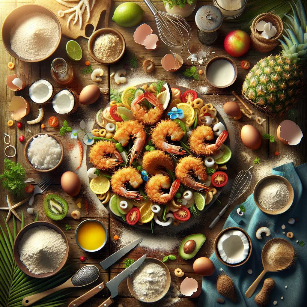Golden crispy coconut-crusted prawns served with a fruity dipping sauce