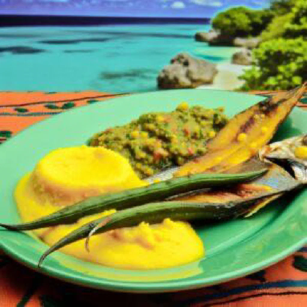 A mound of golden cornmeal cou-cou served with seasoned flying fish