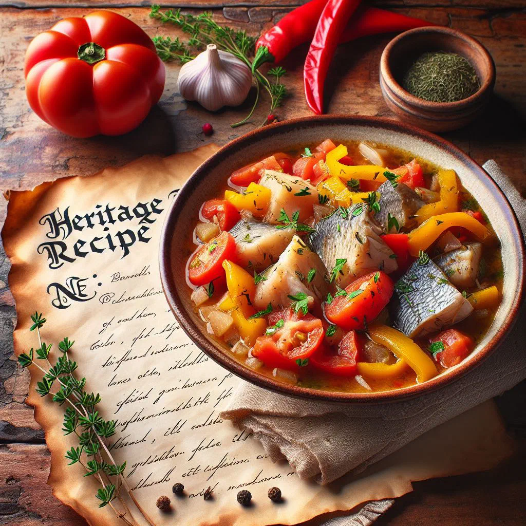 Bowl of Barbadian fish stew in a rich tomato sauce garnished with fresh herbs