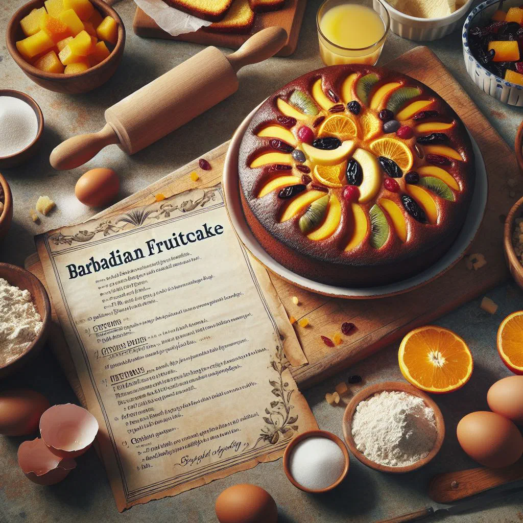Slice of dark, moist Bajan fruitcake studded with dried fruit and nuts