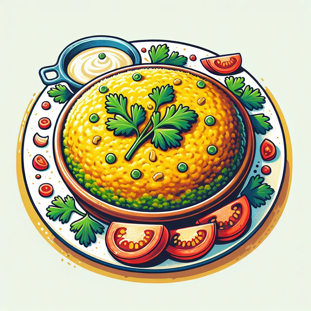 Creamy green banana cou-cou served in a bowl and garnished with fresh herbs