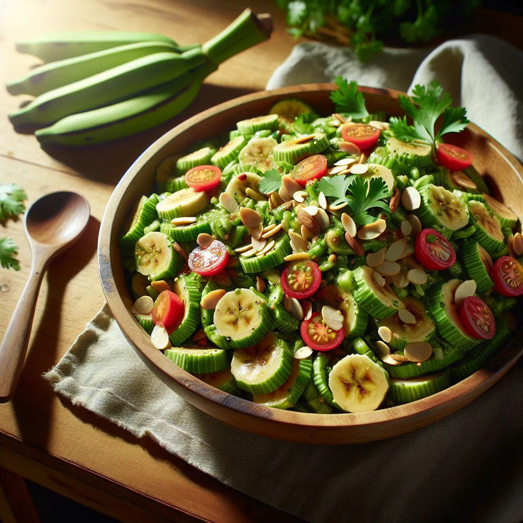Green banana salad with colourful diced vegetables and fresh parsley