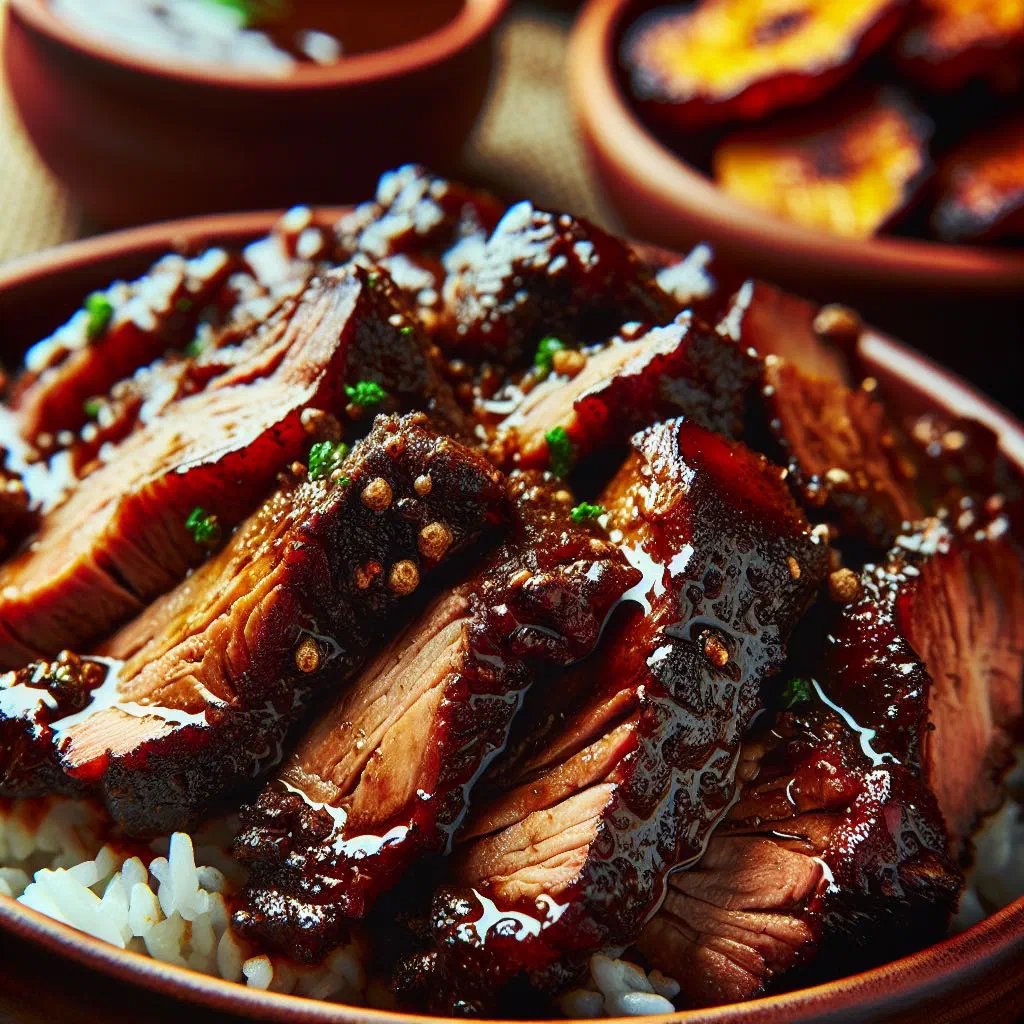 Grilled jerk pork with a dark, spiced crust and lime wedges