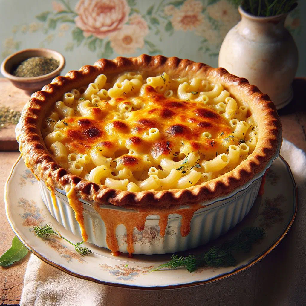 Golden baked macaroni pie with a crisp cheese crust, cut into squares