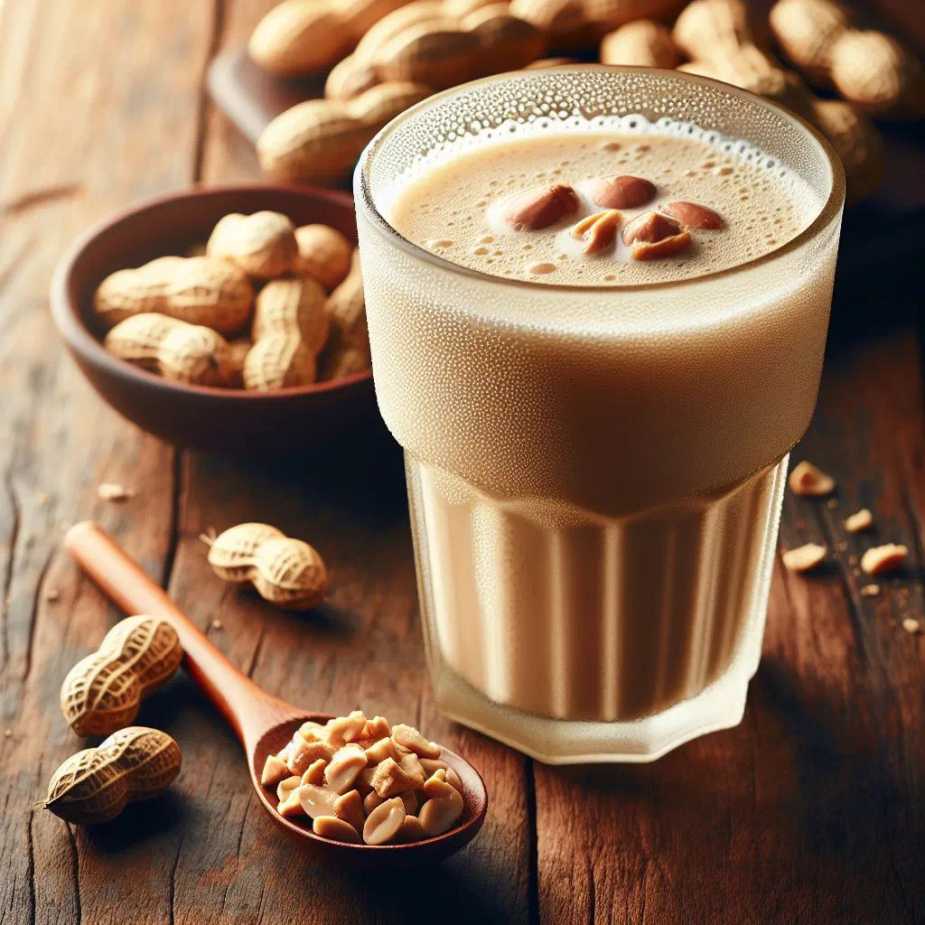 Creamy peanut punch served in a glass with ice and a dusting of nutmeg