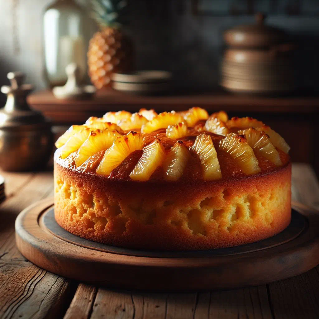 Golden pineapple rum cake dusted with icing sugar and topped with fresh pineapple