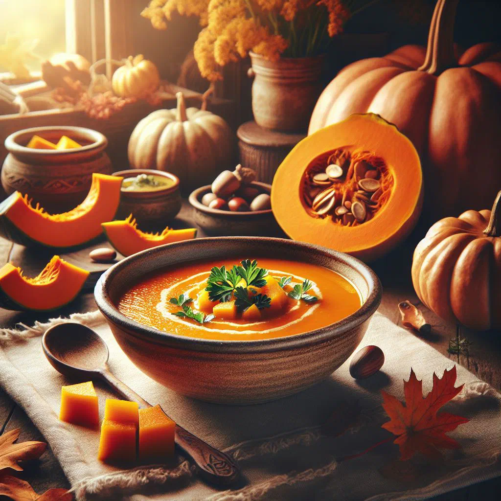 Bowl of creamy Barbadian pumpkin soup garnished with fresh coriander
