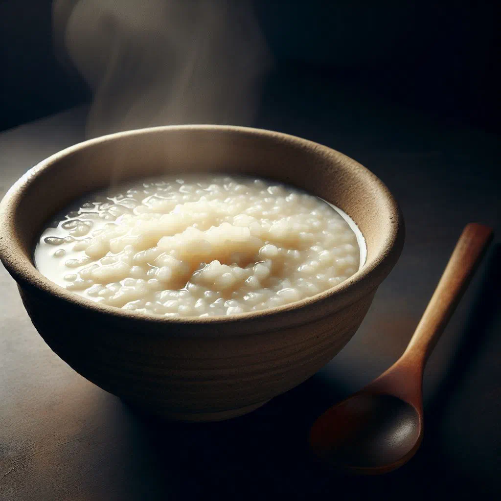 Bowl of creamy Bajan rice porridge topped with fresh fruit and a dusting of cinnamon