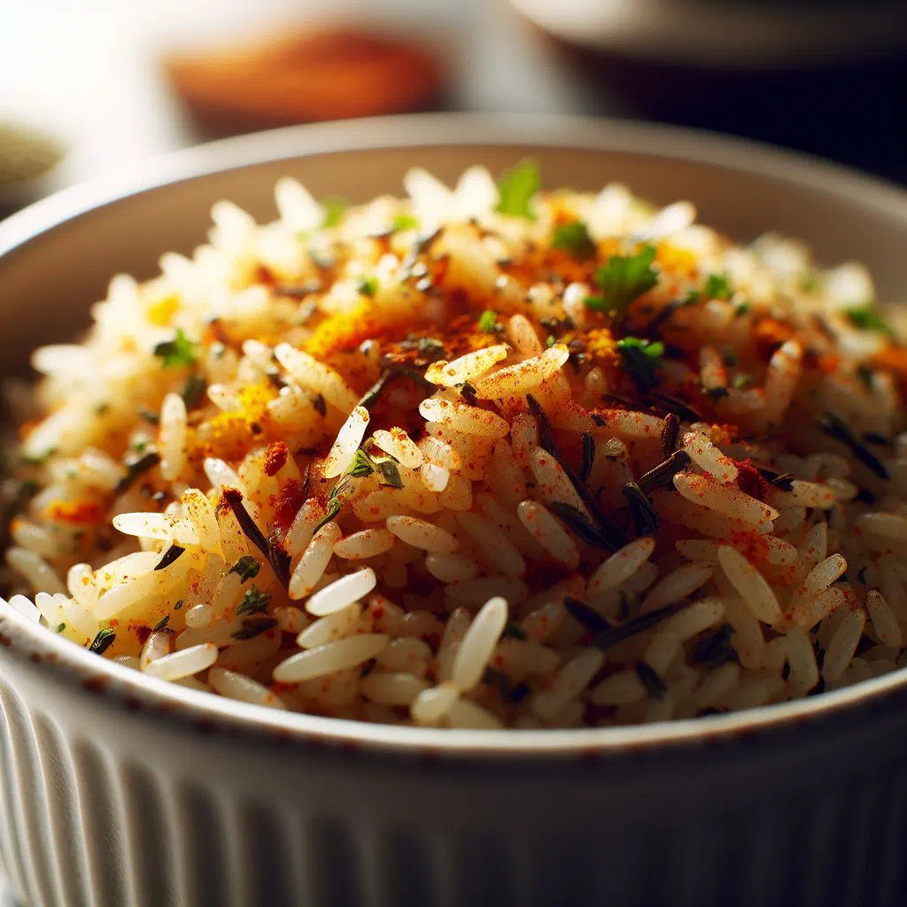Bowl of seasoned rice flecked with peppers, onion and fresh herbs