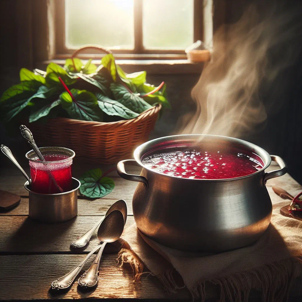 Deep-red sorrel jam in a glass jar with a cinnamon stick