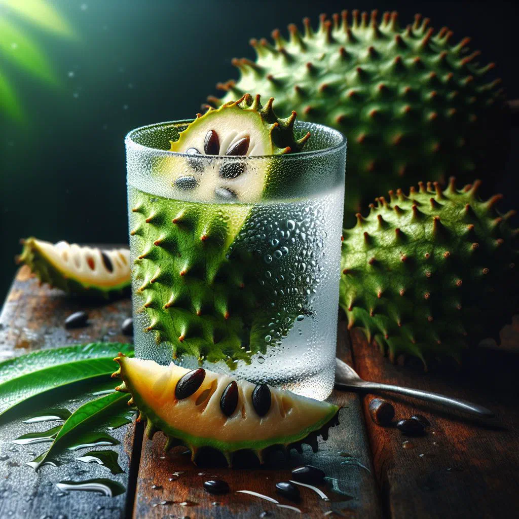 A tall glass of creamy soursop juice with lime and ice