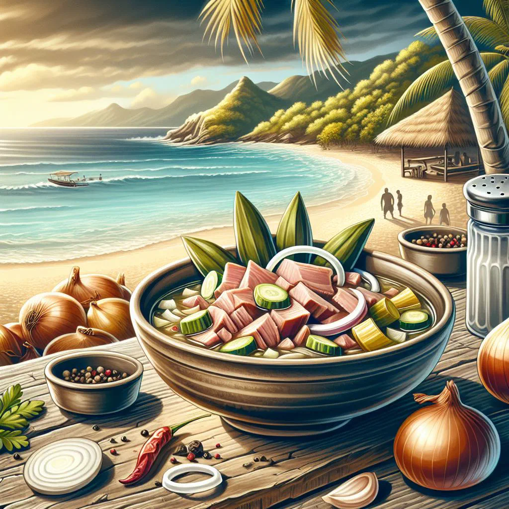 Bowl of Bajan souse with tender pork, lime, onion and cucumber