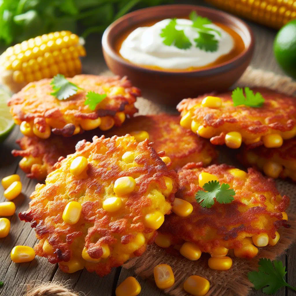 Golden fried sweetcorn fritters on a plate with fresh herbs