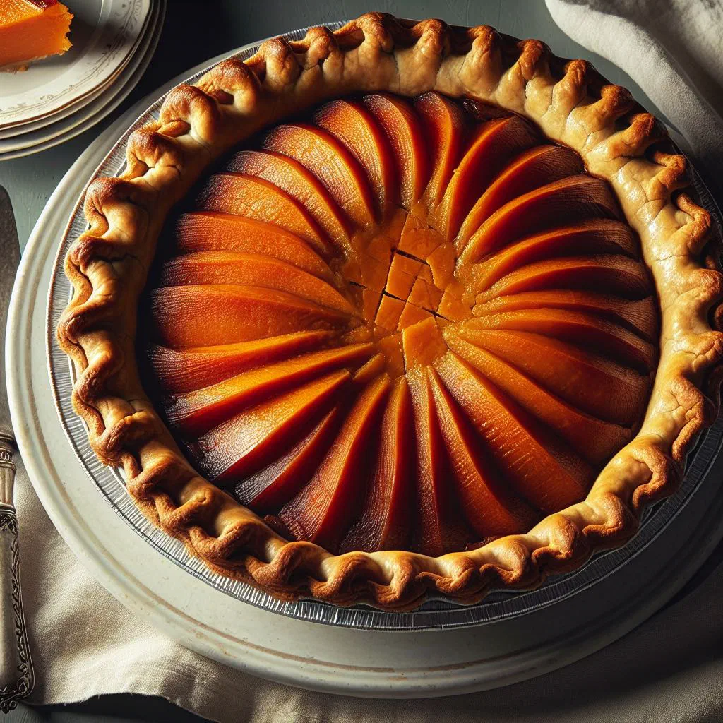 Golden baked yam pie sliced and served on a plate