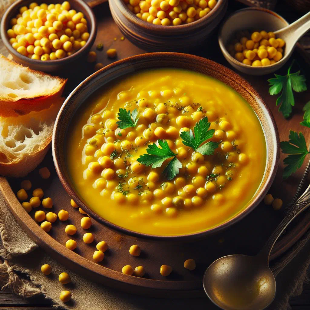 A bowl of creamy yellow split pea soup garnished with fresh herbs