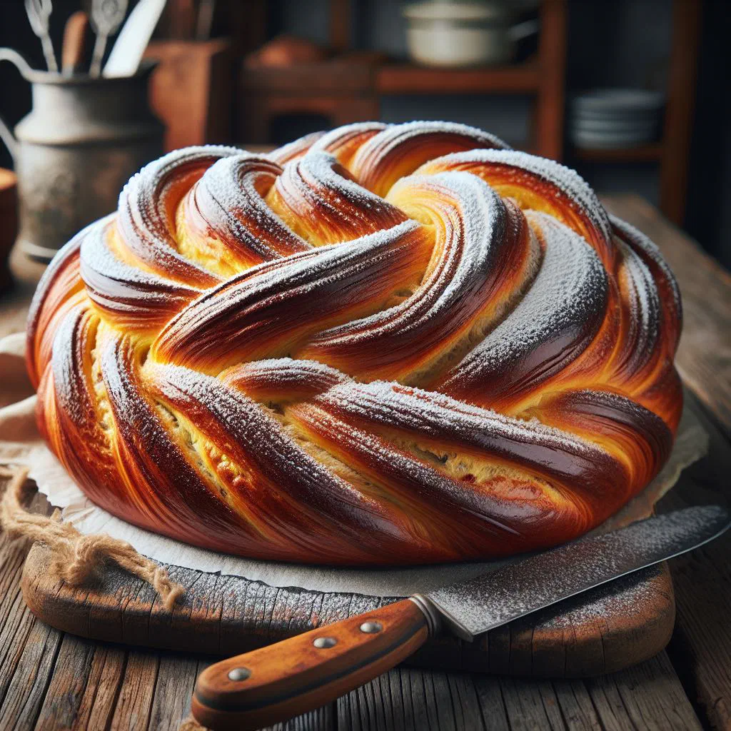 Sliced babka yeast cake with a swirled chocolate filling