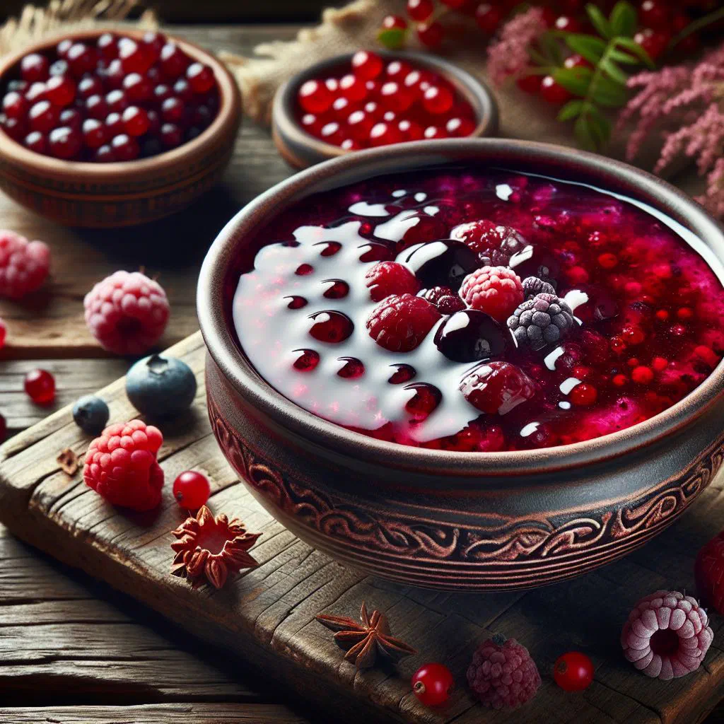 Glossy red berry kisel in a glass bowl topped with fresh berries