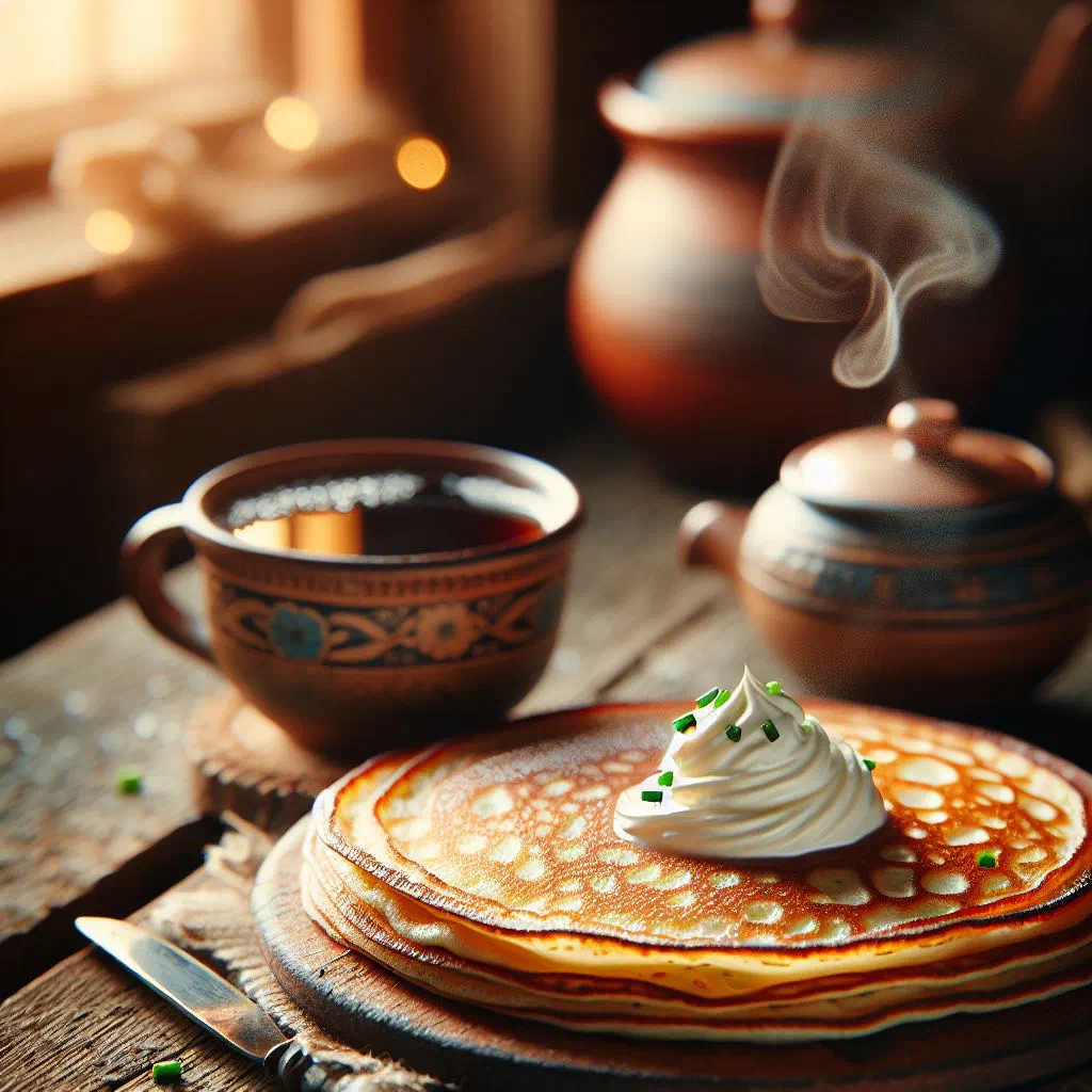 Stack of thin Belarusian bliny pancakes served with soured cream and berries
