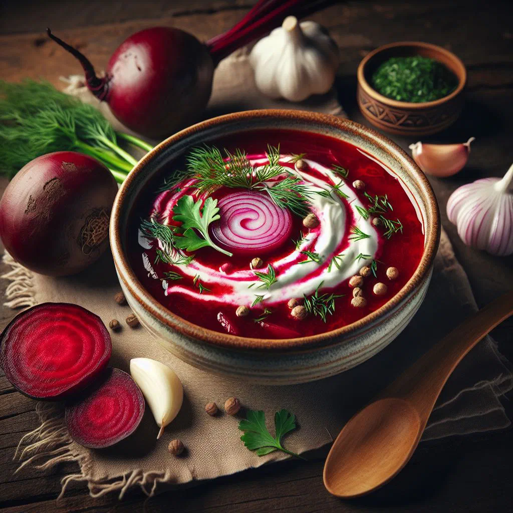 Deep red beetroot borscht in a bowl topped with soured cream and fresh dill