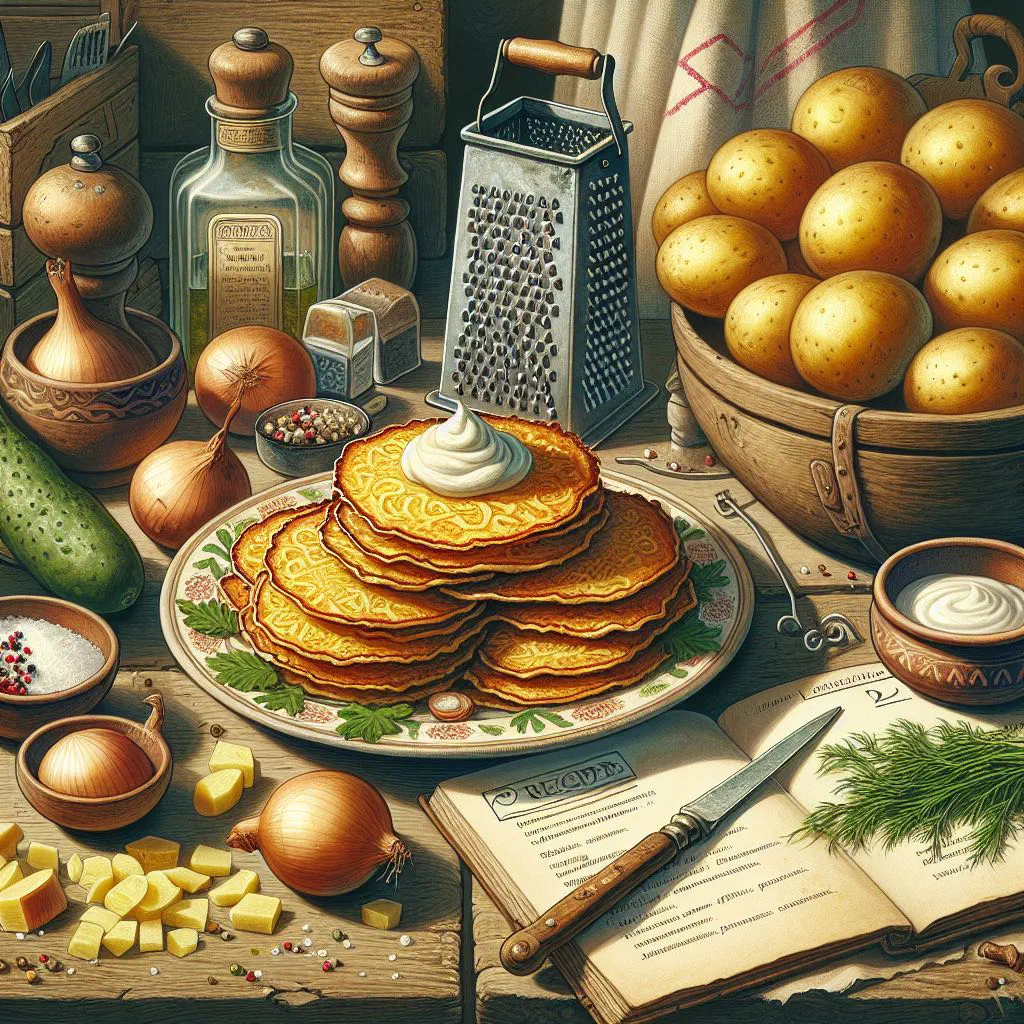 Golden crisp draniki potato pancakes served with soured cream and dill