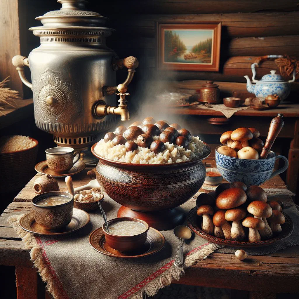 Bowl of gribnaya kasha with rice, sautéed mushrooms and fresh dill