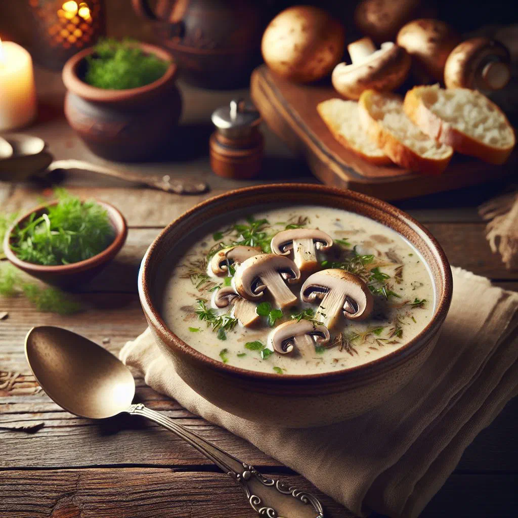 Bowl of Belarusian mushroom soup garnished with fresh dill