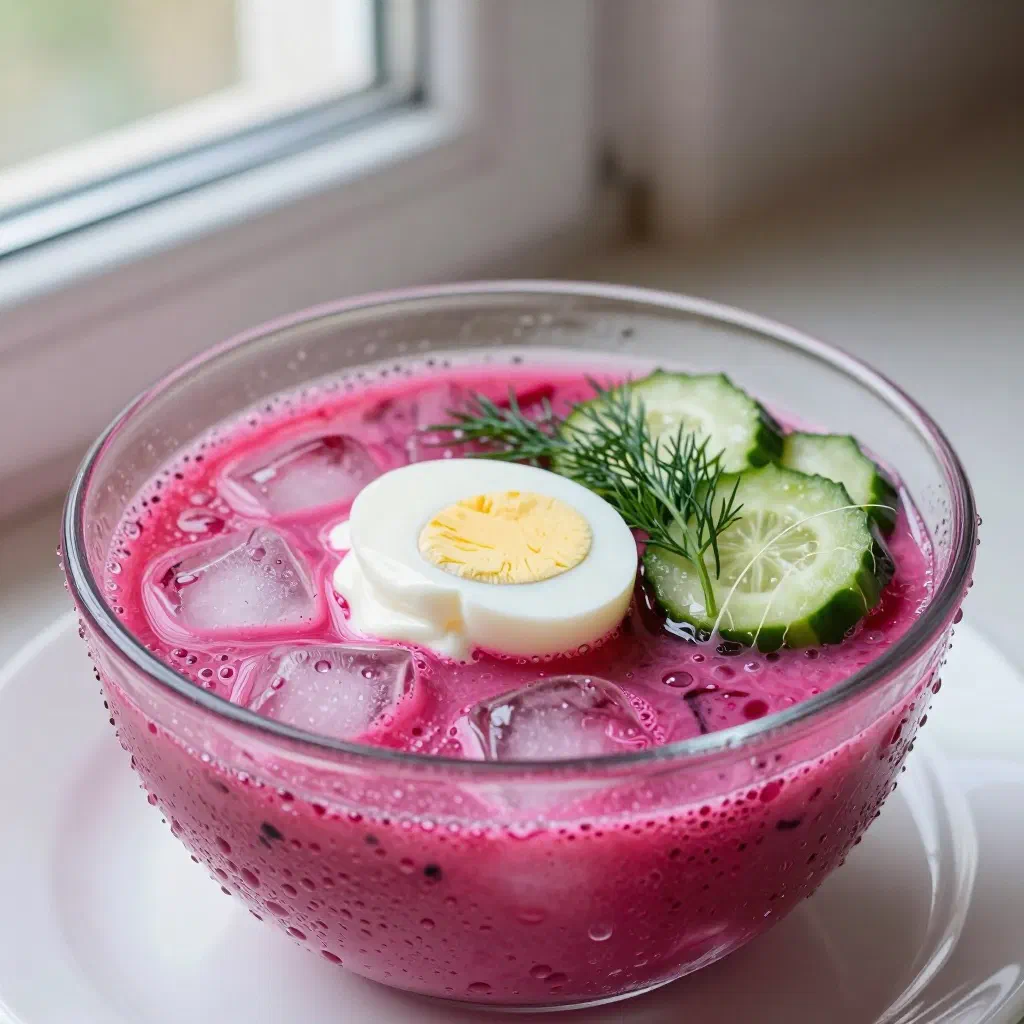 Bright pink chilled beetroot soup with cucumber, dill and spring onions