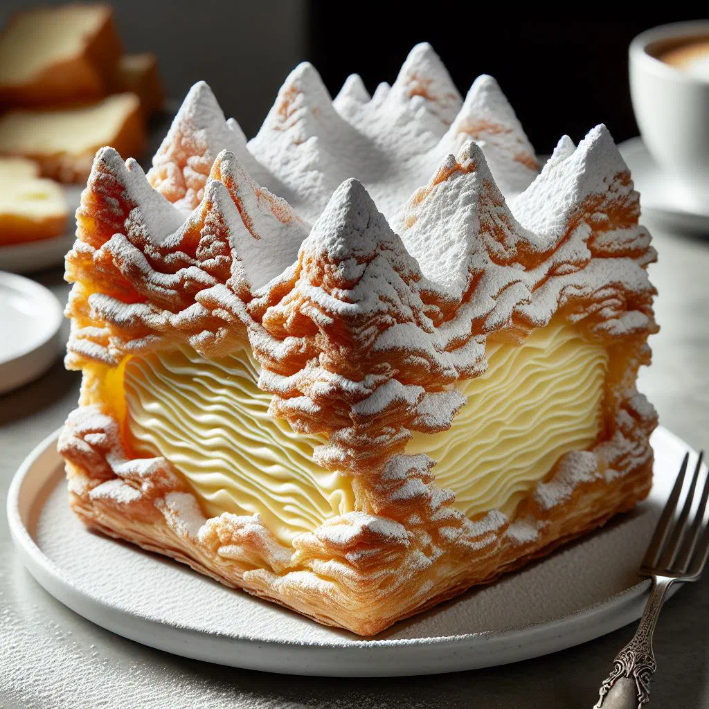 Slice of karpatka cream cake with craggy choux pastry and thick vanilla cream filling