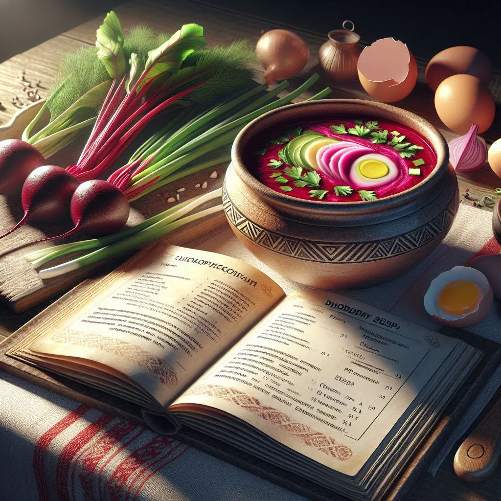 Chilled Belarusian cold soup with cucumber, radish slices and fresh dill