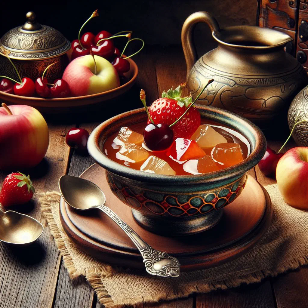 Glossy red berry kisiel served in a glass and garnished with fresh mint
