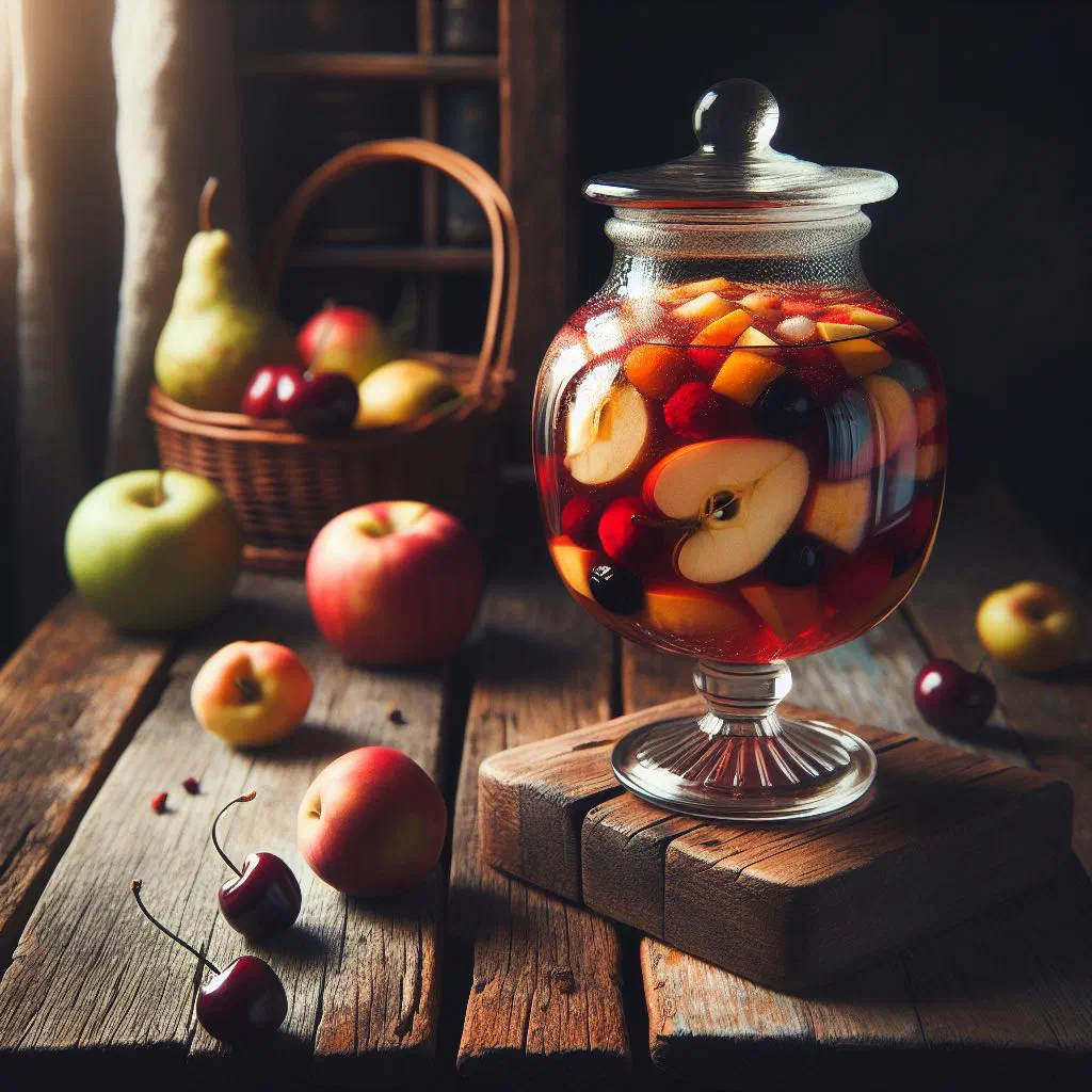 Glass jug of Belarusian kompot with cherries, plums and a cinnamon stick