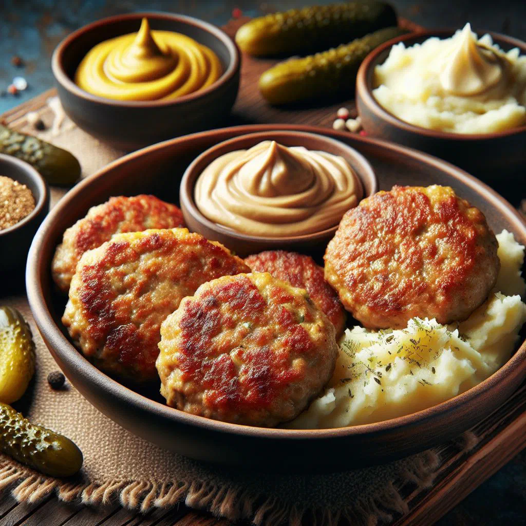 Golden-brown Belarusian kotleti meat patties on a plate with fresh herbs