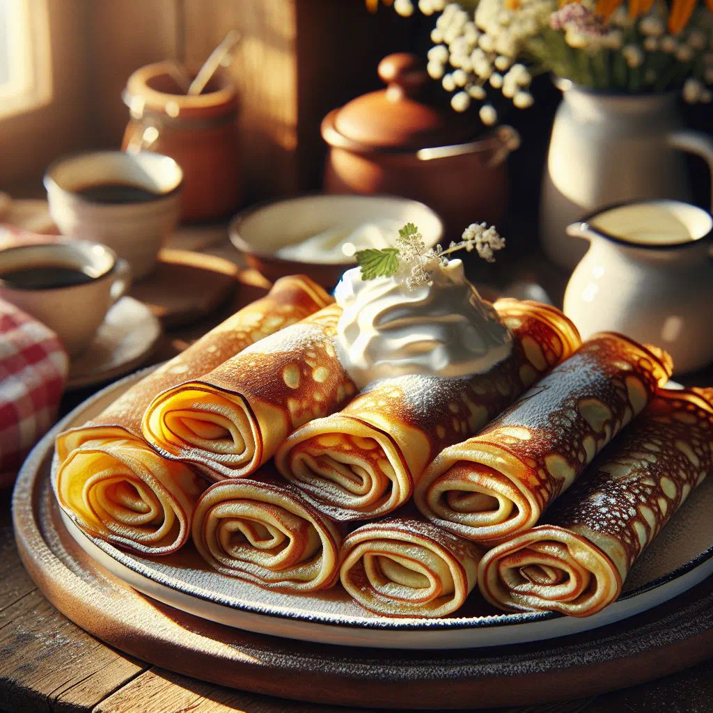 Rolled Belarusian nalisniki pancakes filled with soft cheese on a plate